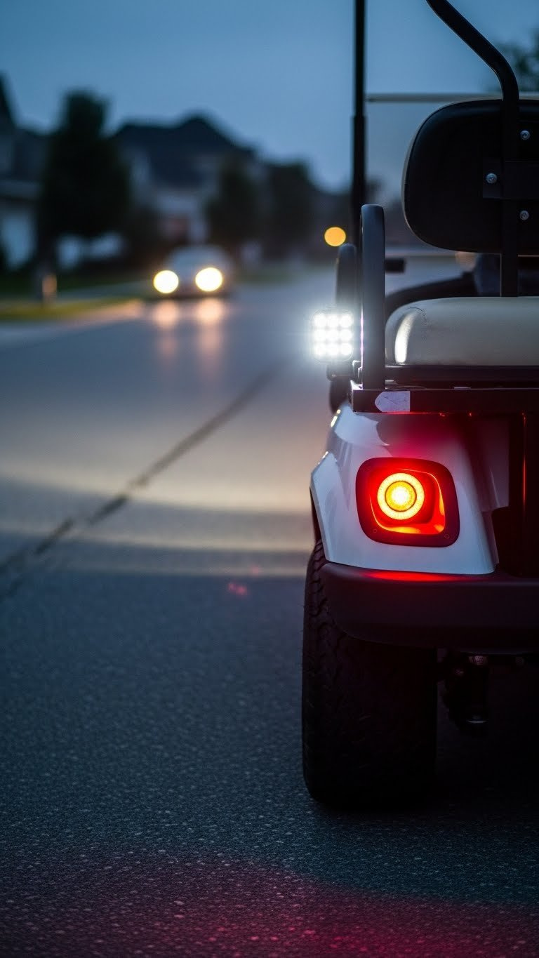 Golf Cart With Bright Led Headlights And Taillights Providing Street Legal Illumination On An Asphalt Road At Dusk