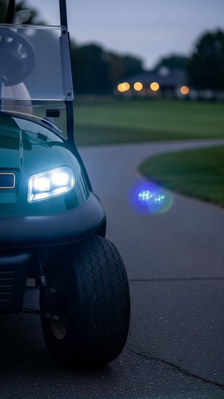 Golf Cart With Bright Led Headlights Glowing In Dusky Setting On Asphalt Path With Blurred Trees Background.