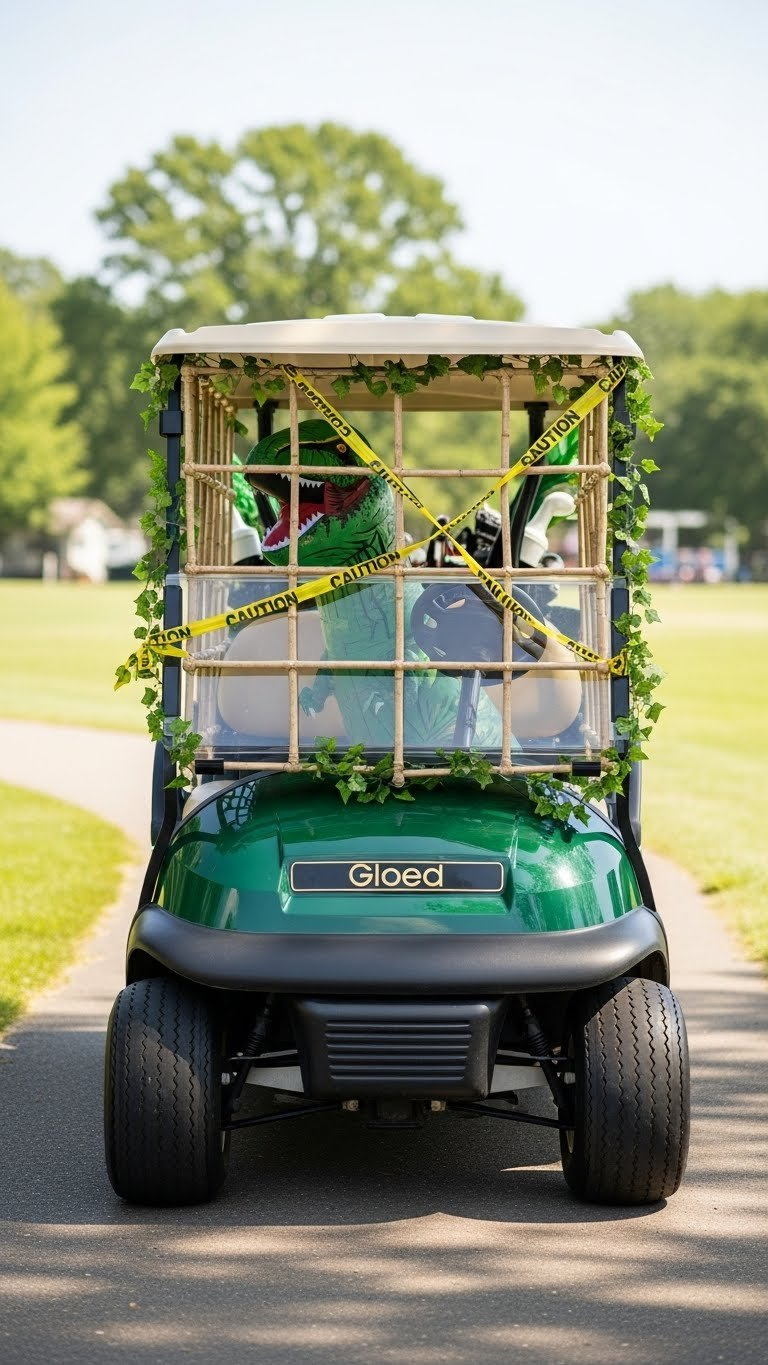 Golf Cart With Custom Dinosaur Cage Accessory Featuring Pvc Pipe Construction And Inflatable Dinosaur Peering Out On Grassy Path.