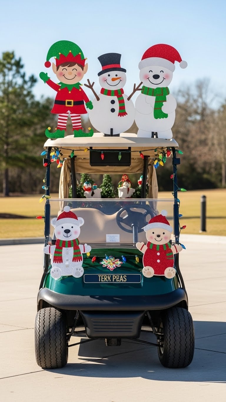 Golf Cart With Custom-Made Christmas Character Cut-Outs Including Smiling Elves And Cheerful Snowman