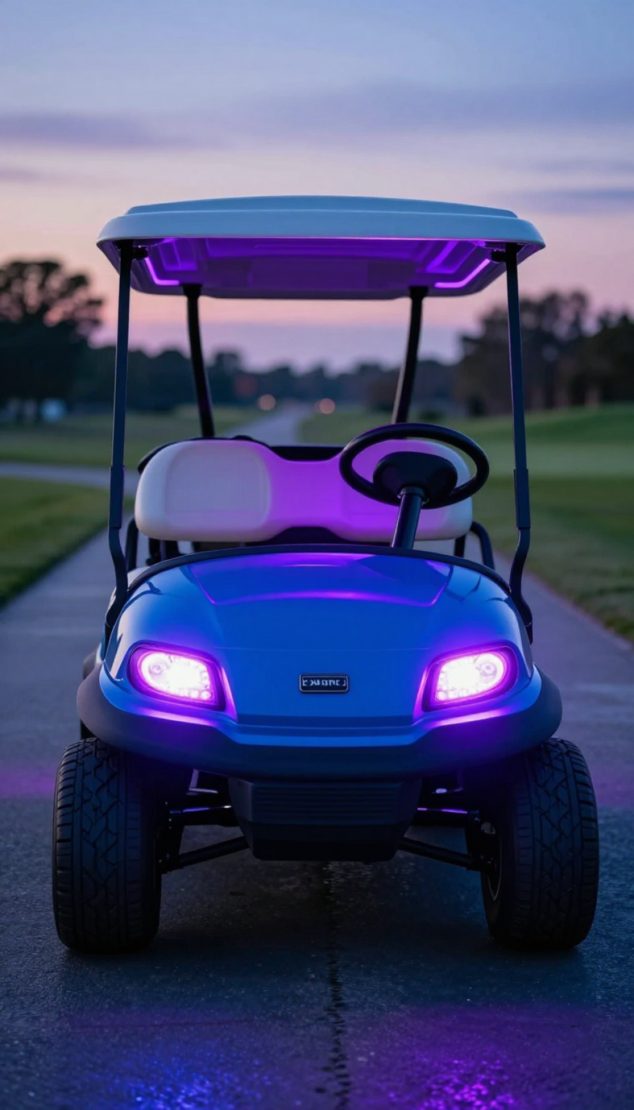 Golf Cart With Dazzling Neon Led Lighting System Illuminating Undercarriage And Headlamps At Dusk