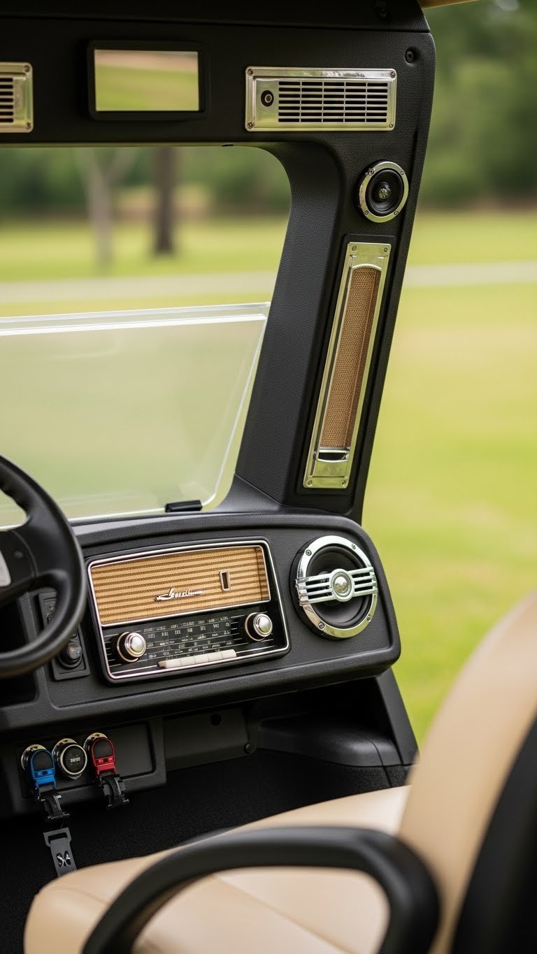 Golf Cart With Decorations Securely Fastened Using Heavy-Duty Zip Ties And Mounting Brackets For Movement