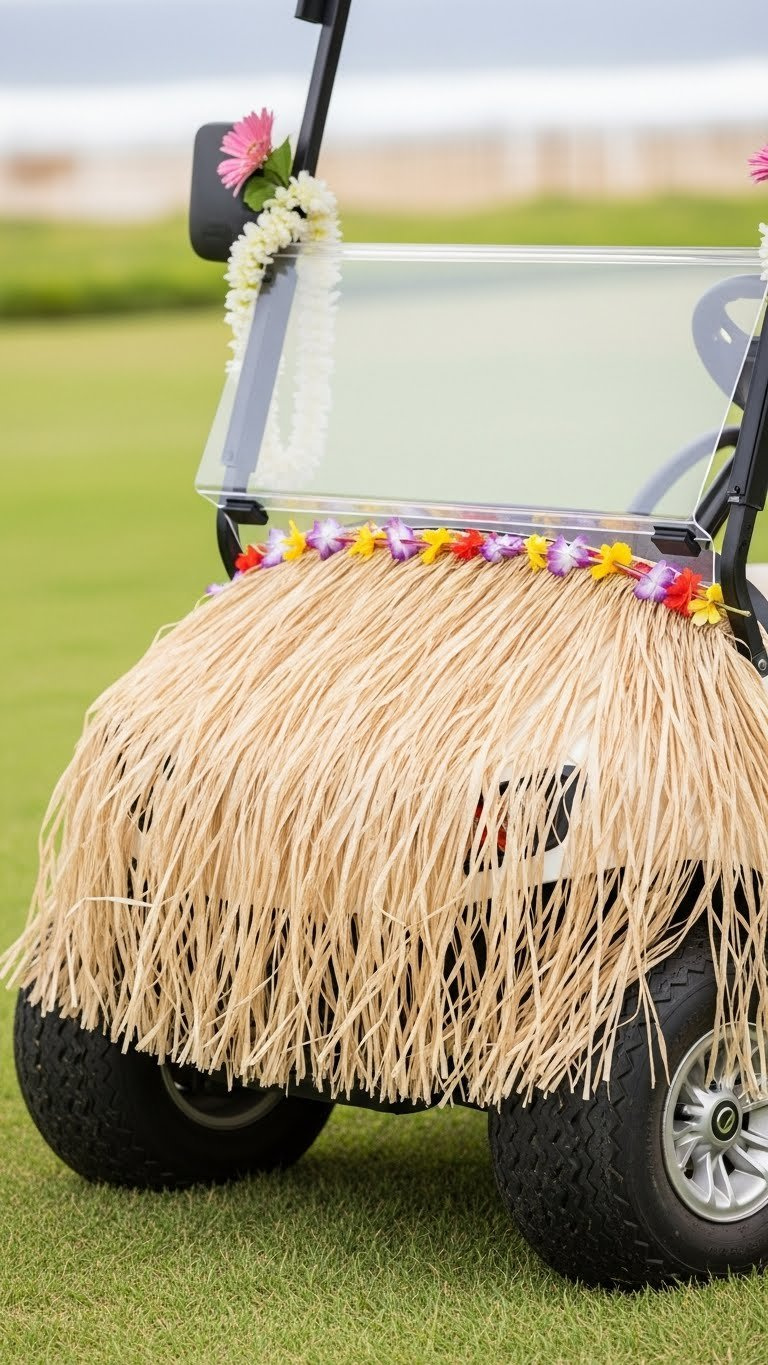 Golf Cart With Flowing Raffia Grass Skirt Fringe Swaying Gently Against Tropical Landscape Backdrop