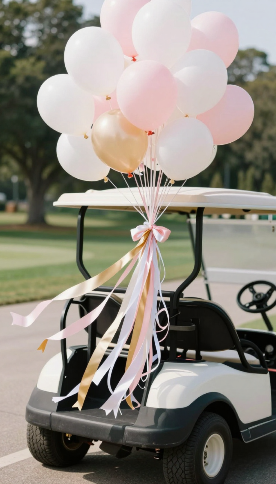 Golf Cart With Flowing Satin And Sheer Ribbons In Wedding Colors Fluttering Elegantly From Rear Bumper At Outdoor Reception.