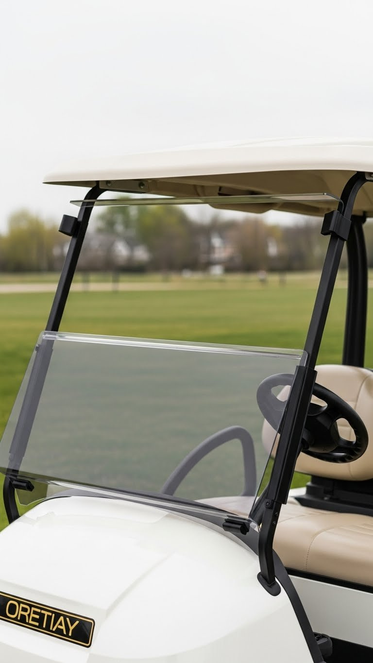Golf Cart With Folding Windshield Installed In Clean Outdoor Setting With Professional Installation Details.