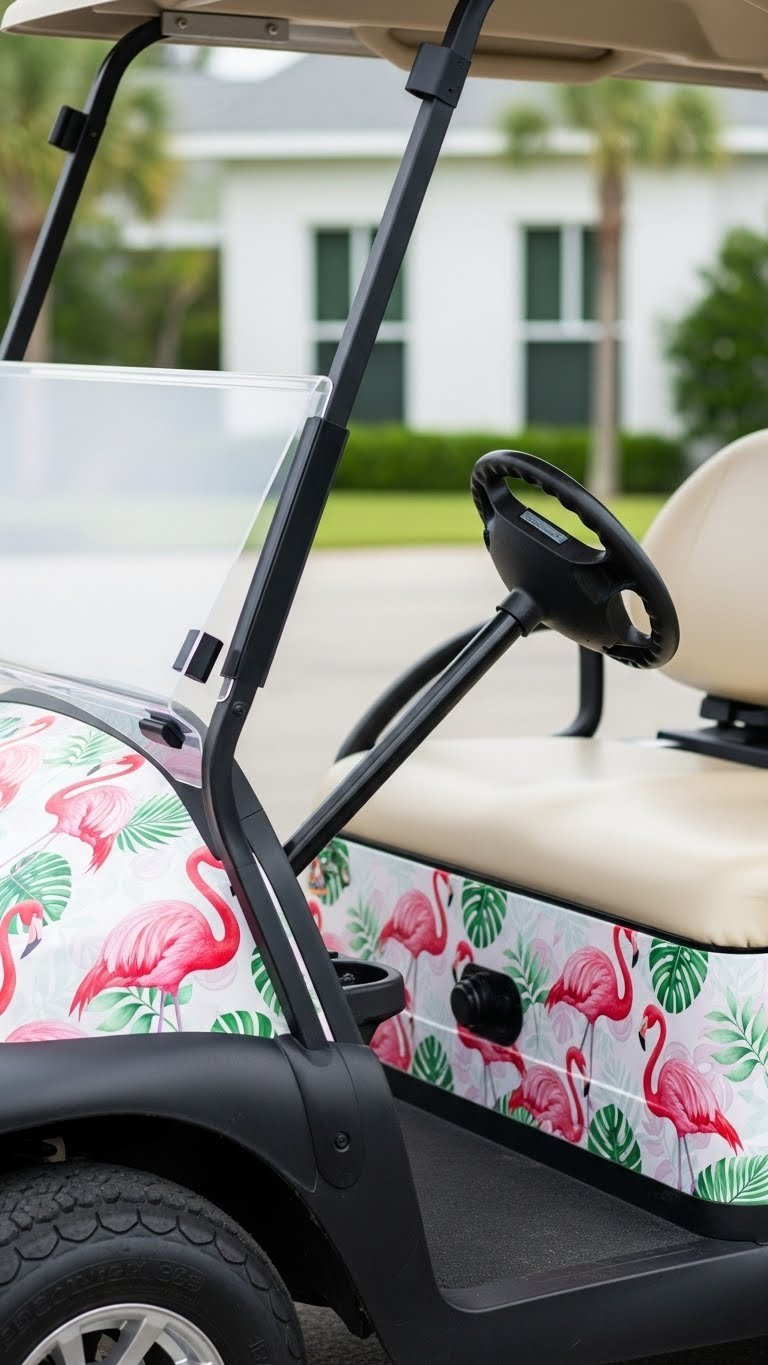 Golf Cart With Full Body Wrap Featuring Stylized Pink Flamingos Against Tropical Leaf Pattern On Glossy Surface