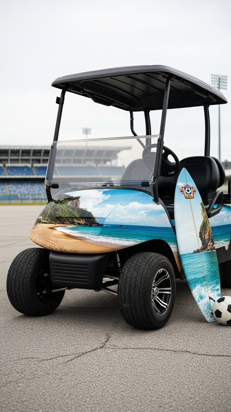 Golf Cart With Full Graphic Scene Vinyl Wrap Depicting Tropical Beach Landscape