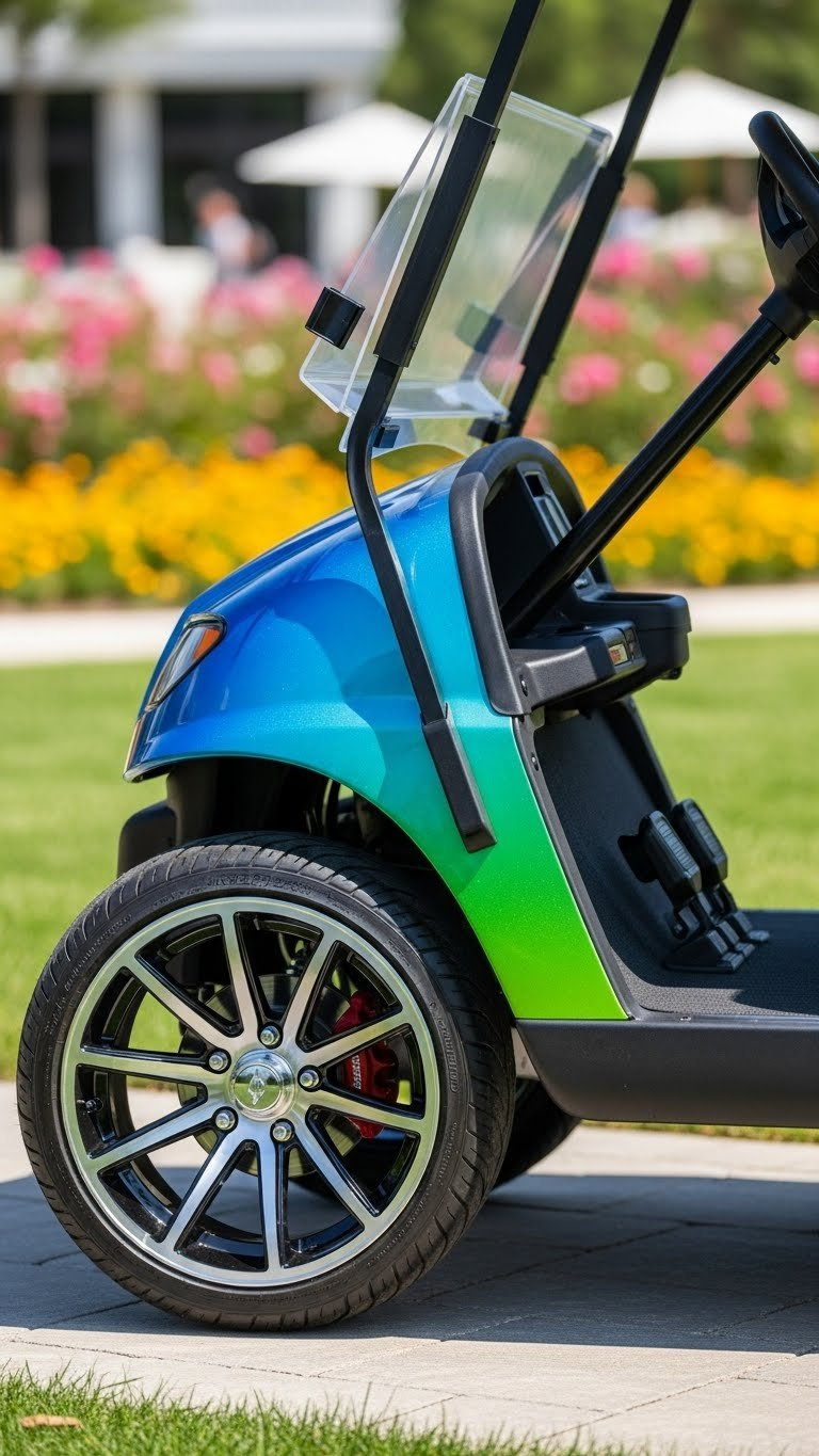 Golf Cart With Gradient Fade Vinyl Wrap Transitioning Colors On Paved Path