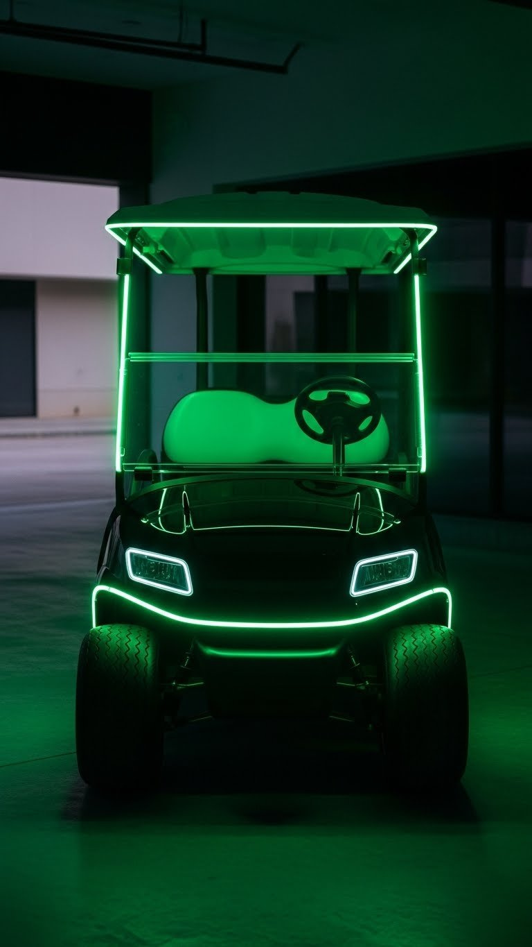 Golf Cart With Green El Wire Elegantly Outlining Canopy And Grille Against Modern Garage Backdrop
