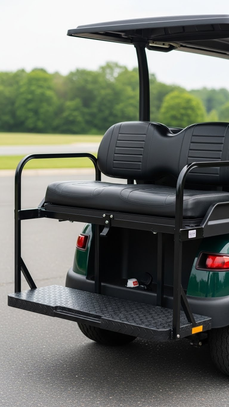Golf Cart With Heavy-Duty Rear Seat Kit Installed In Clean, Well-Maintained Outdoor Setting.