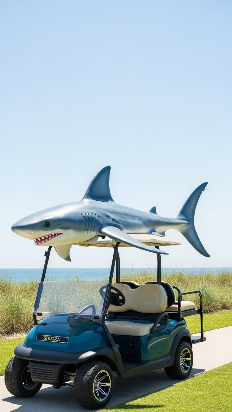 Golf Cart With Imposing 3D Shark Dorsal Fin And Sweeping Tail Fin Mounted On Roof In Ocean Blue