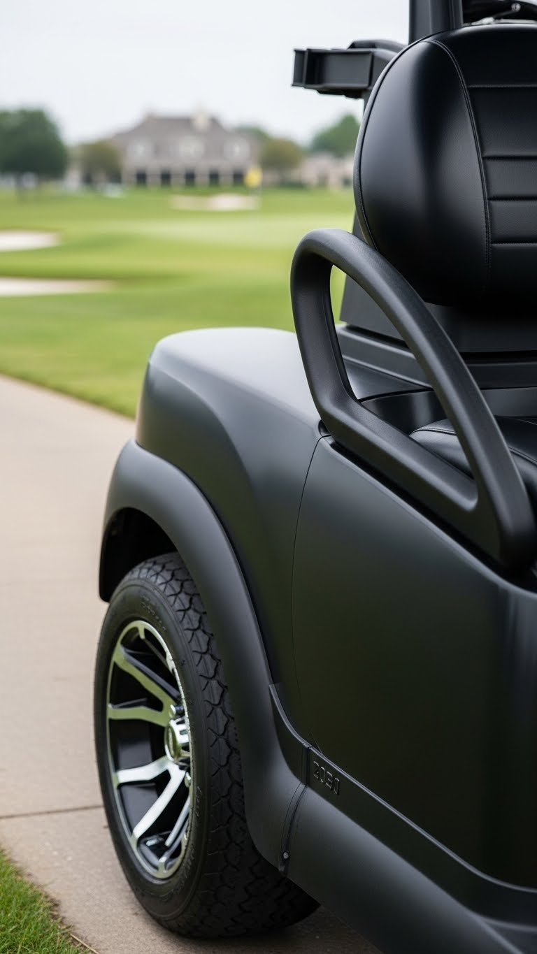Golf Cart With Matte Black Vinyl Wrap On Country Club Pathway With Lush Green Fairway Background