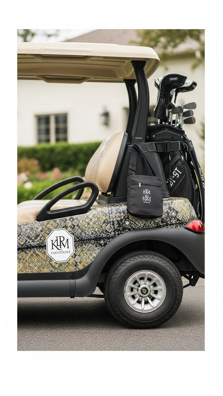 Golf Cart With Personalized Branded Decal Wrap On Well-Maintained Lawn