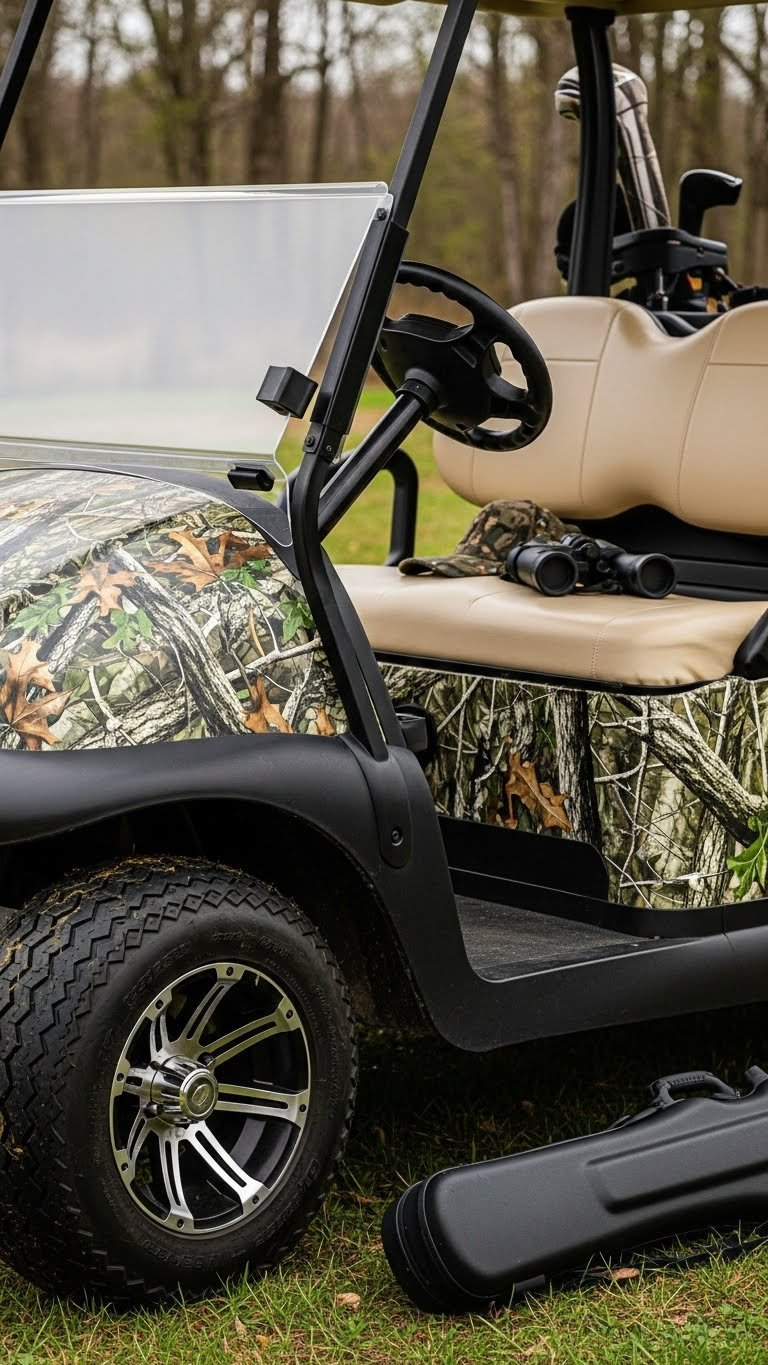 Golf Cart With Realistic Hunting Camouflage Vinyl Wrap In Forest Setting With Hunting Accessories Visible