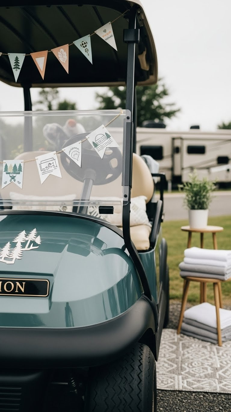 Golf Cart With Sleek Magnetic Decorations Perfectly Aligned On Pristine Metal Body Panels Against Neutral Campground Backdrop