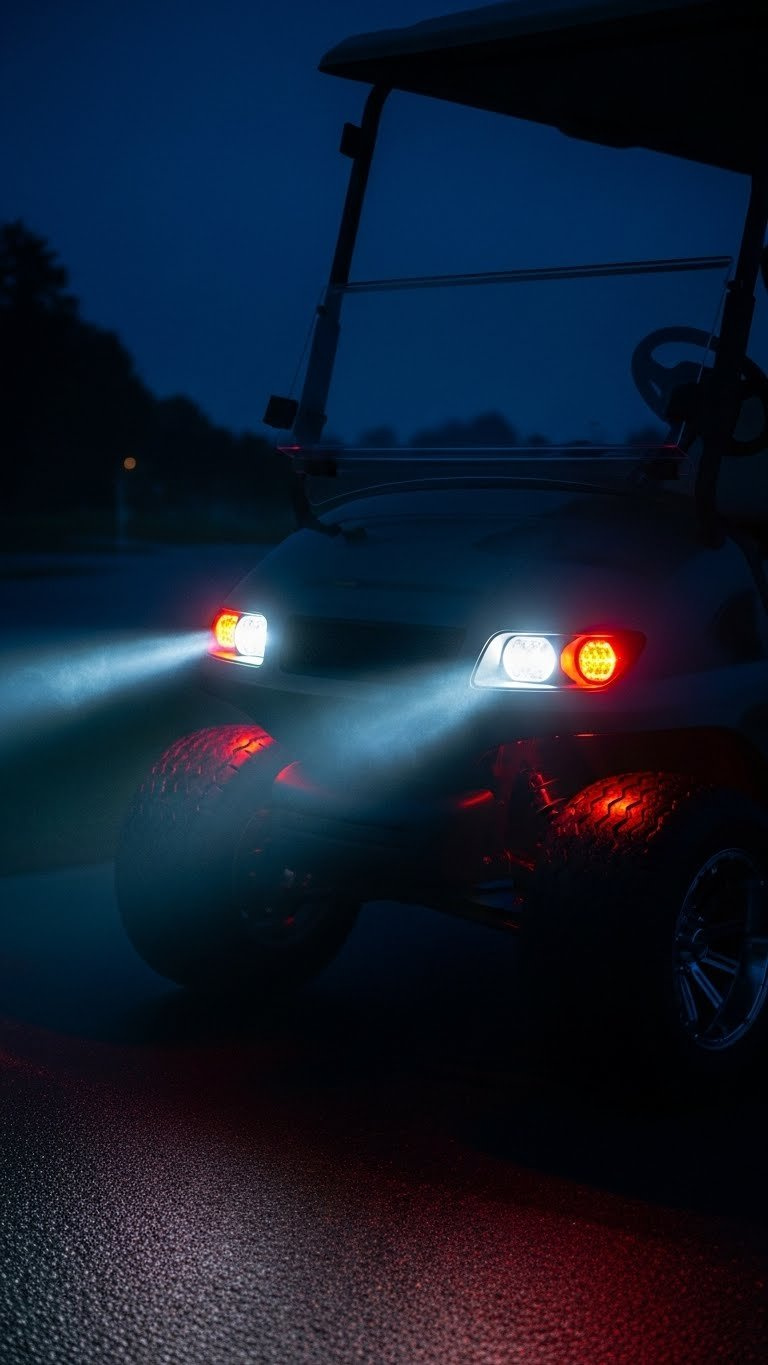 Golf Cart With Ultra-Bright Led Headlights And Taillights Cutting Through Nighttime Darkness On Wet Road