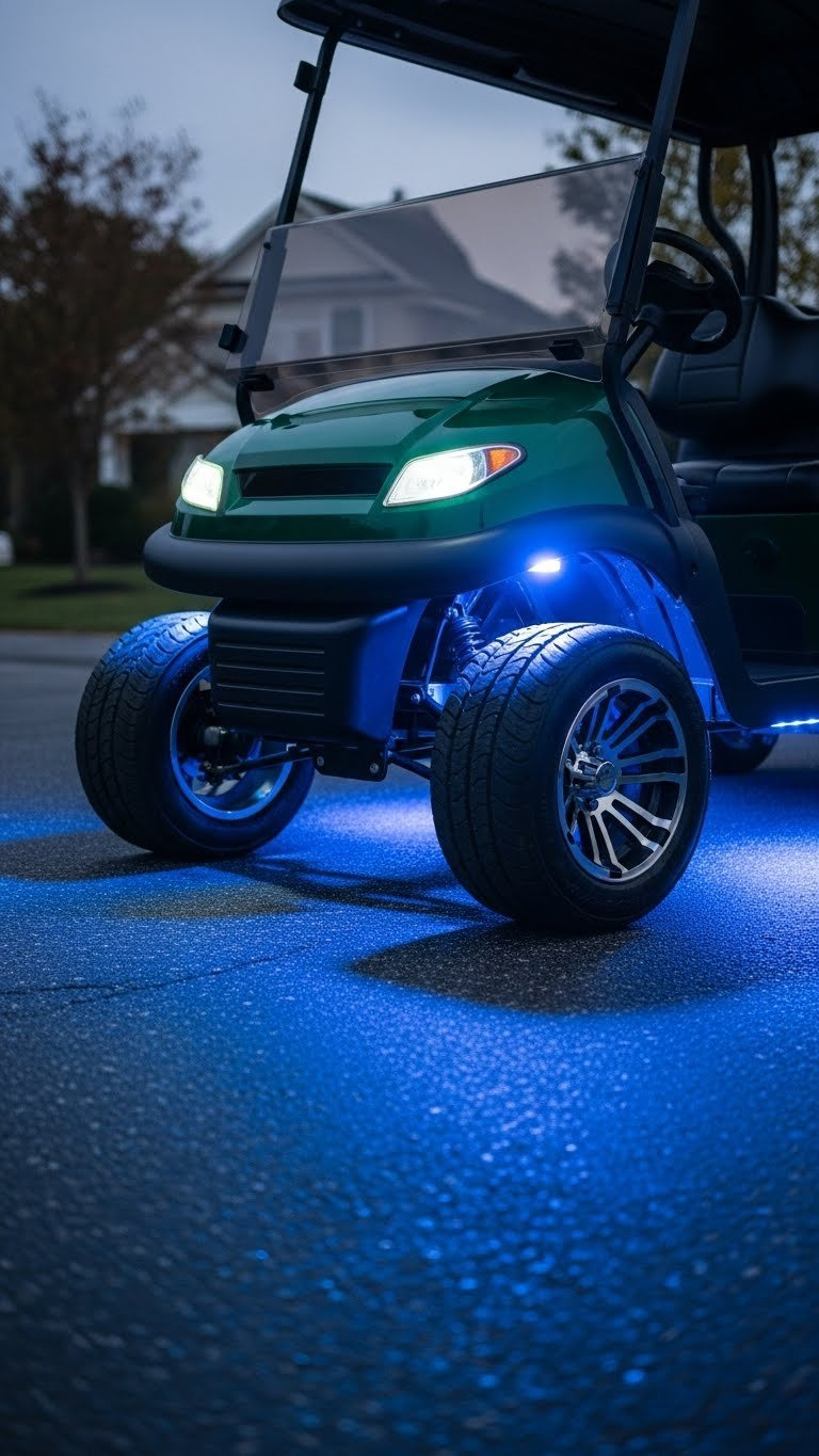Golf Cart With Vibrant Led Underglow Lighting Casting Colorful Glow On Pavement At Dusk