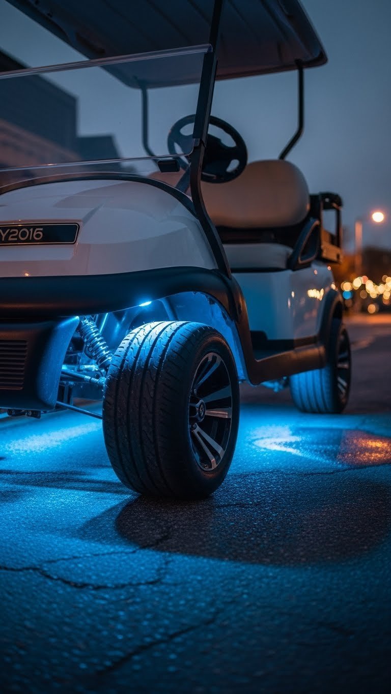 Golf Cart With Vibrant Blue Led Underglow Lighting Casting Dramatic Shadows At Dusk
