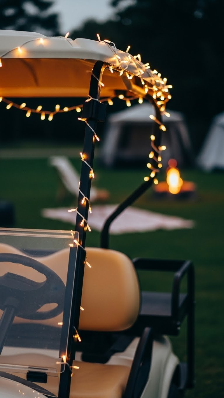 Golf Cart With Warm White Led String Lights Glowing On Roof And Supports In Golden Hour Campsite Setting With Soft Bokeh Background