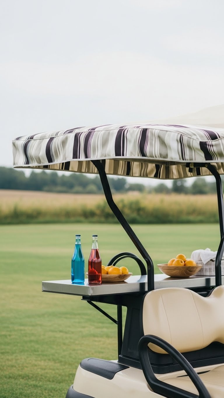 Golf Cart With Weather-Resistant Striped Fabric Serving Canopy Providing Shade Over Service Area In Outdoor Setting.