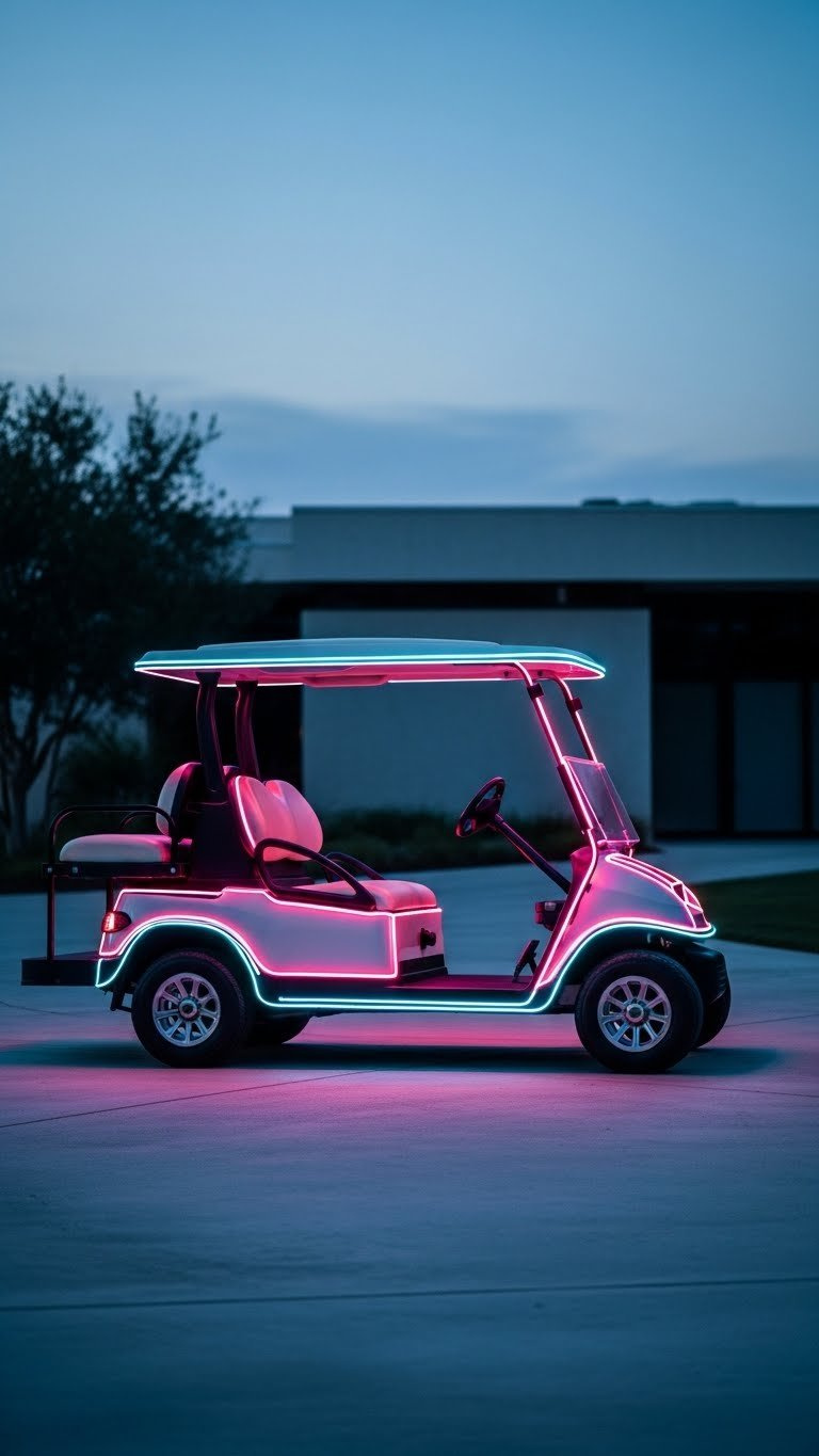 Golf Cart With Weatherproof Neon Striping Outlining Body Contours In Sleek Electric Blue Lighting