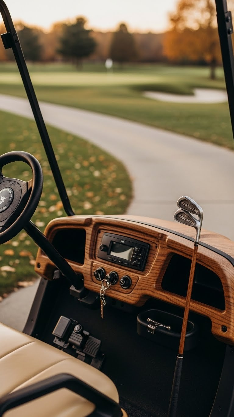 Golf Cart Wrapped In Authentic Woodgrain Vinyl Finish With Leather Steering Wheel On Paved Pathway