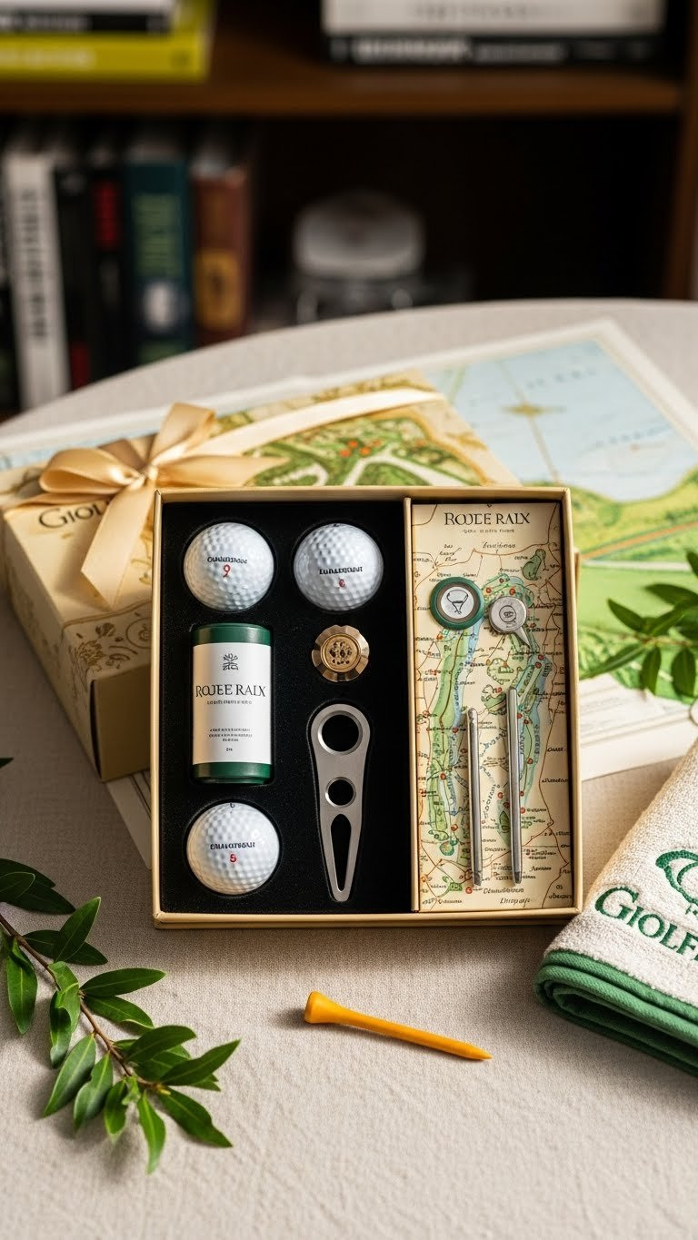 Golf Gift Set Featuring Premium Balls, Divot Tool, Marker, And Towel Arranged On Linen Tablecloth With Natural Lighting