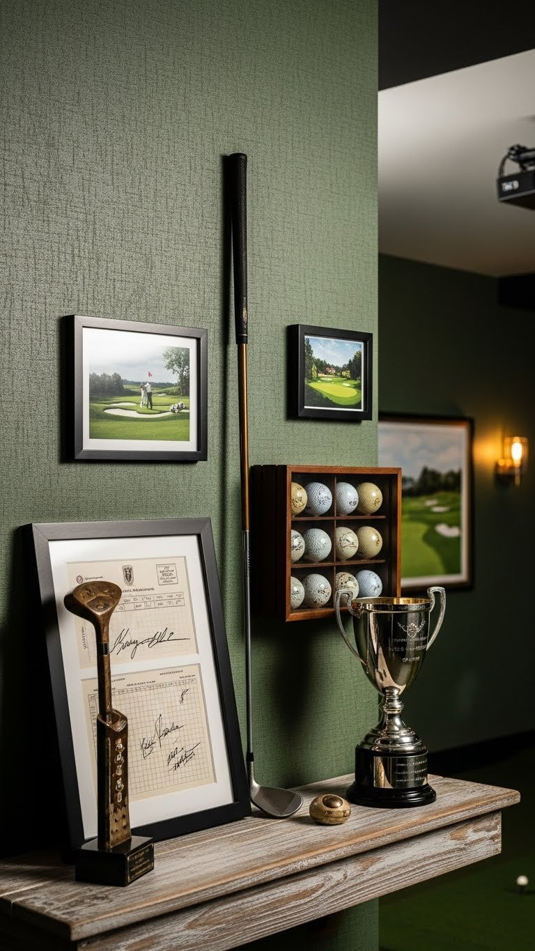 Golf Decor Ideas: 11 Ultimate Home Simulator Room Designs Golf Memorabilia Display On A Dark Green Accent Wall With A Framed Scorecard, Vintage Club, Antique Golf Balls, And Trophy.