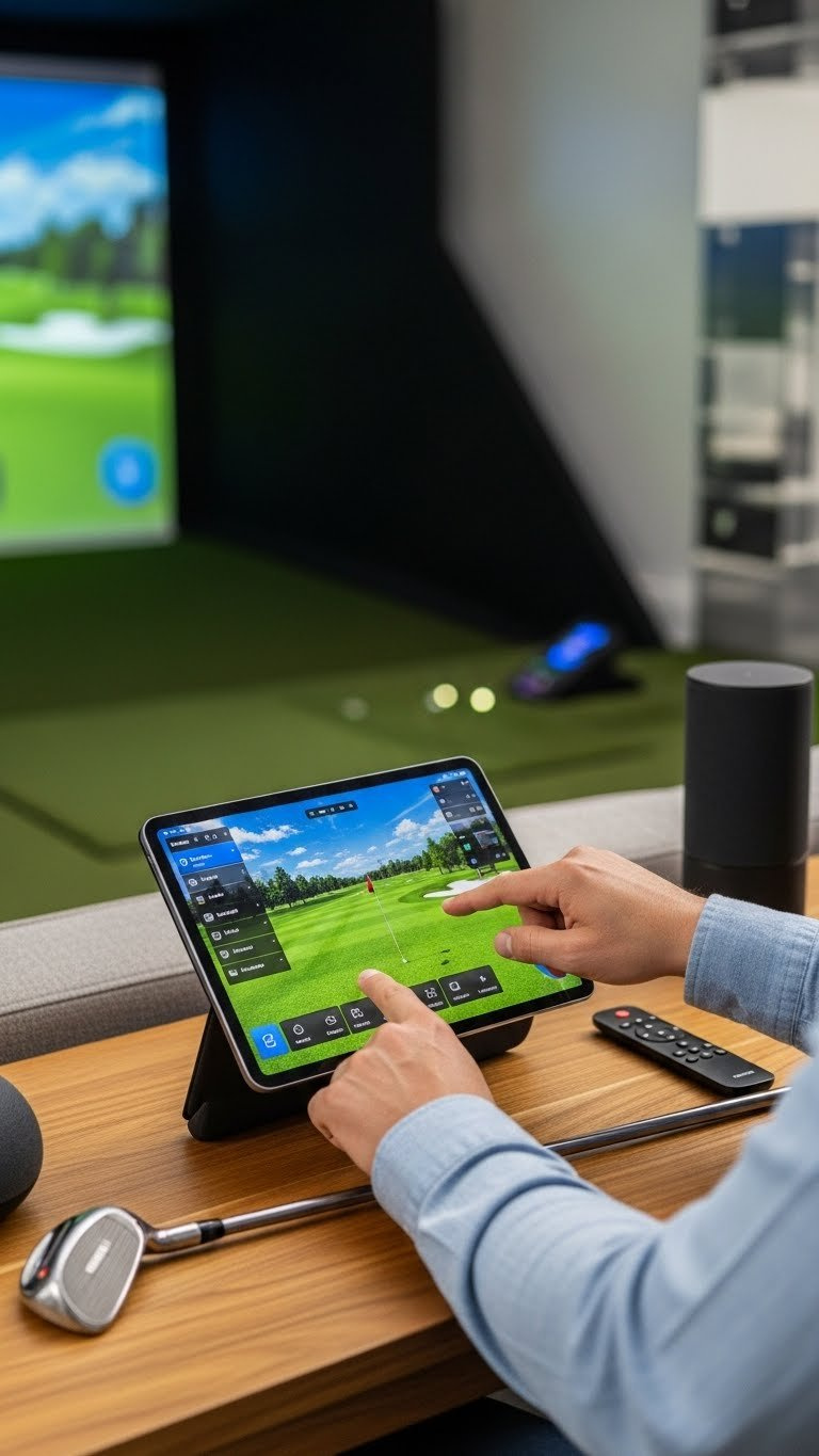Golf Simulator Calibration With Smart Home Integration Showing Tablet Control Of Software And Ambient Lighting Settings