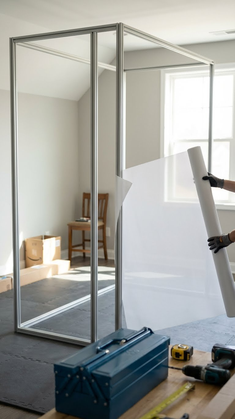 Golf Simulator Enclosure Frame Being Installed, With Impact Screen And Construction Tools Visible, Ready For Home Golf Setup.