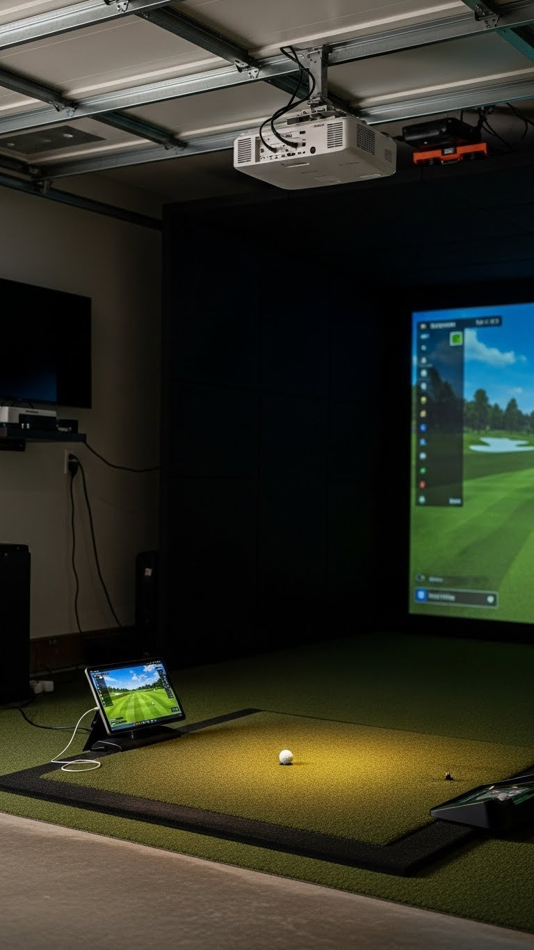 Golf Simulator Launch Monitor On Hitting Mat With Ceiling-Mounted Projector Aligned To Impact Screen