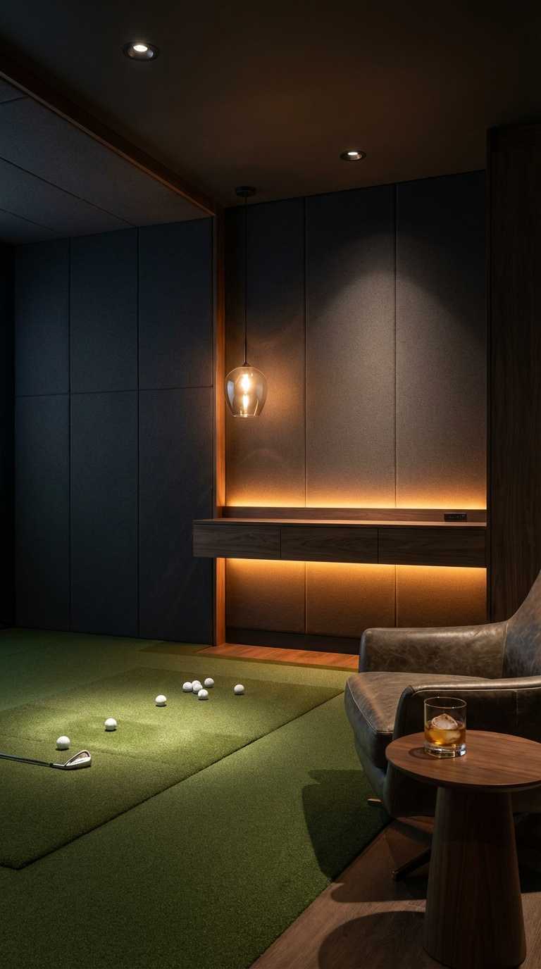 Moody Golf Simulator Room Design Guide For A Luxury Man Cave Golf Simulator Room With Layered Lighting Illuminating Hitting Mat, Led Strips Under Console, And Pendant Light Over Leather Armchair In Moody Setting