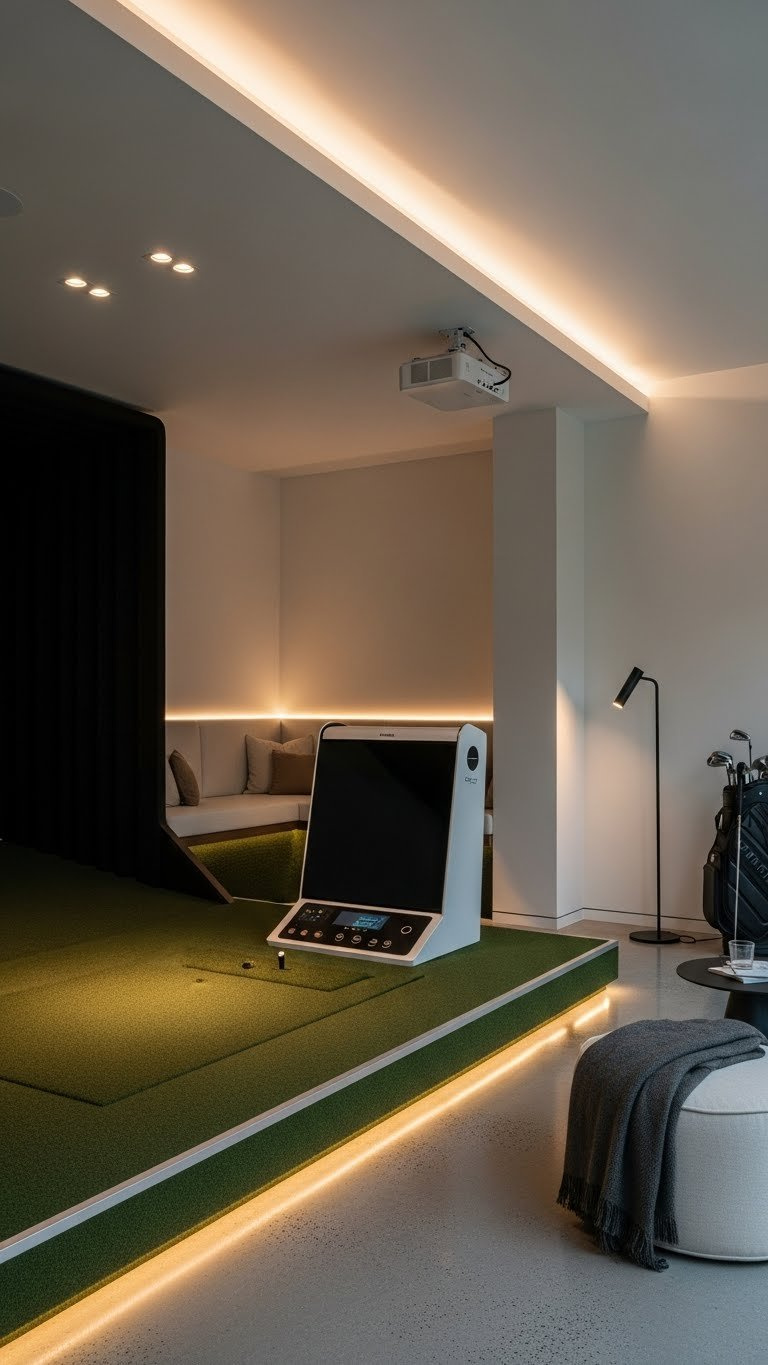 Golf Simulator Room With Sophisticated Recessed Ceiling Lighting And Warm Led Accents Creating Inviting Ambient Illumination.