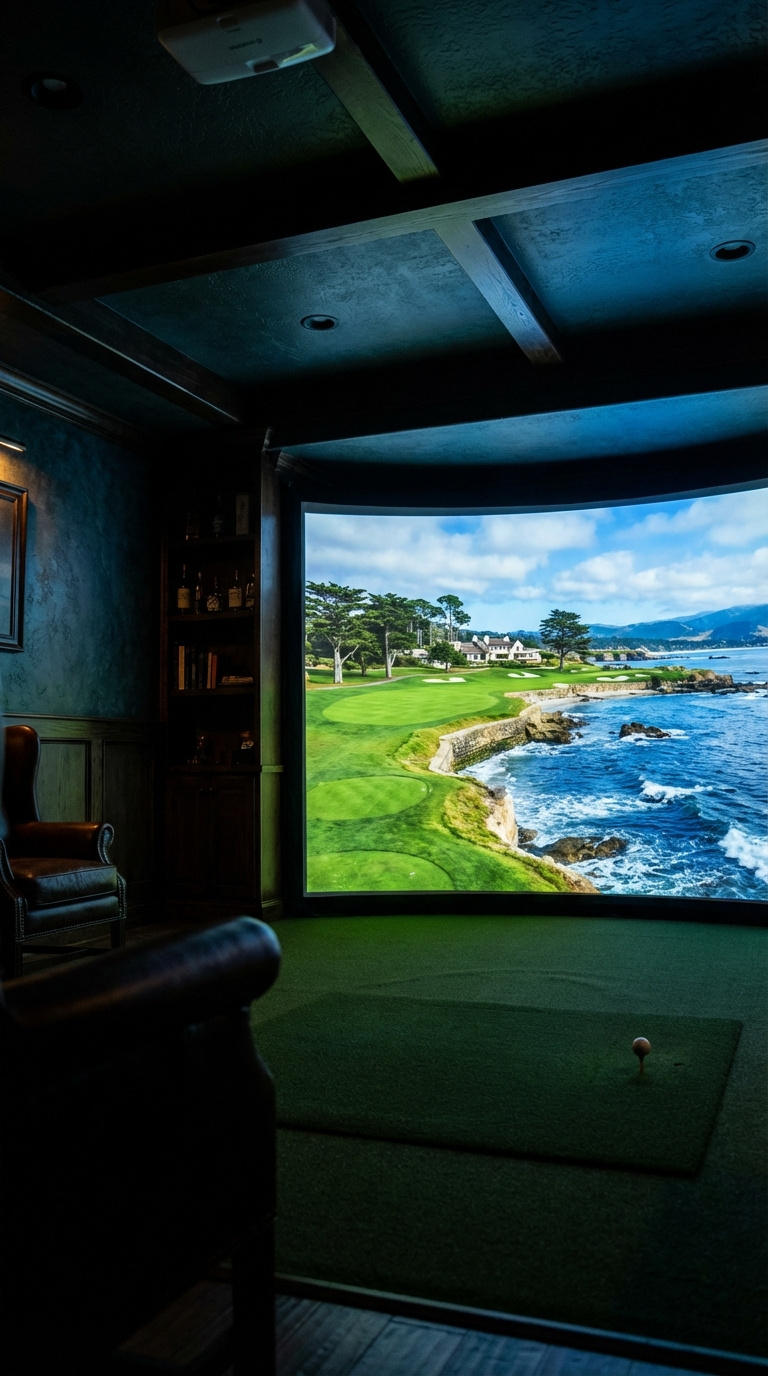 Speak Easy Golf Simulator Room Design Guide For Luxury Homes Golf Simulator Screen Displaying Pebble Beach Course During Final Calibration In Finished Speakeasy Room