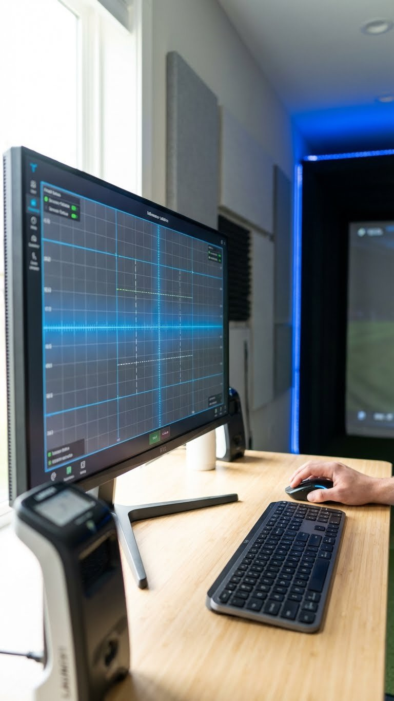 Golf Simulator Screen Displaying Calibration Software With Grid Lines And Sensor Status, Essential For Precise Home Golf Setup.