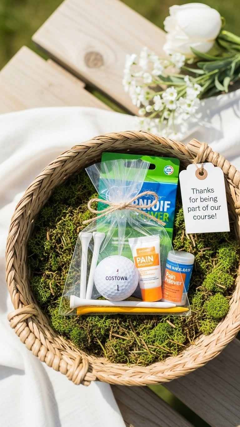 Golf Survival Kit Wedding Favor In Clear Cellophane Bag With Tees And Sunscreen Arranged In Woven Straw Basket.