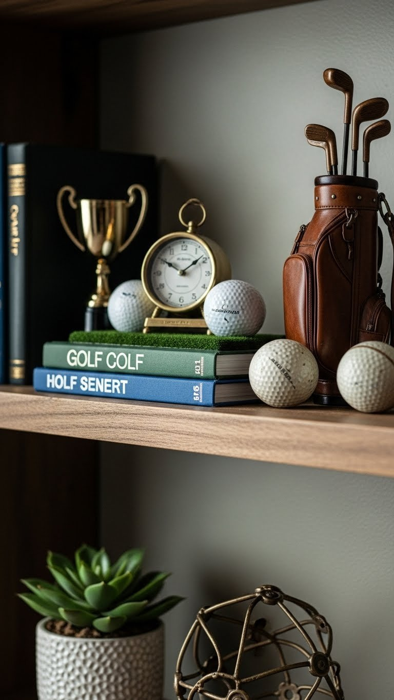 Golf-Themed Decorative Shelf Display With Vintage Balls, Trophy, And Miniature Golf Bag On Rustic Wood.