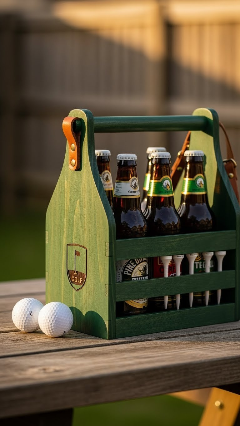 Golf-Themed Wooden Beverage Caddy, Deep Green, With Tee Holder, Craft Beers, On Weathered Picnic Table &Amp; Golf Balls.