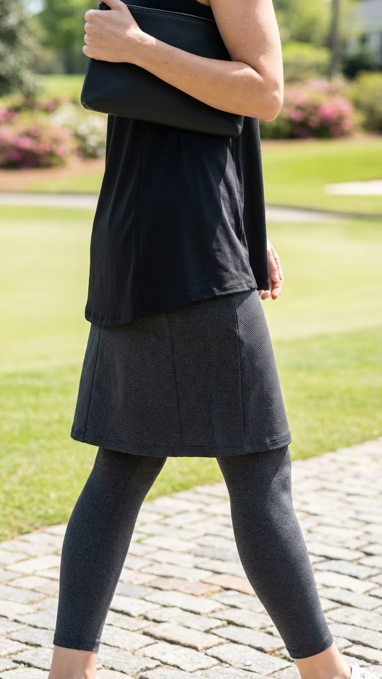 Modest Golfing Outfits For Women: 11 Chic Looks Golfer In Dark Grey Full Coverage Pants, Black Tunic, Charcoal Knee-Length Golf Skirt, Walking On Cobblestone Path.