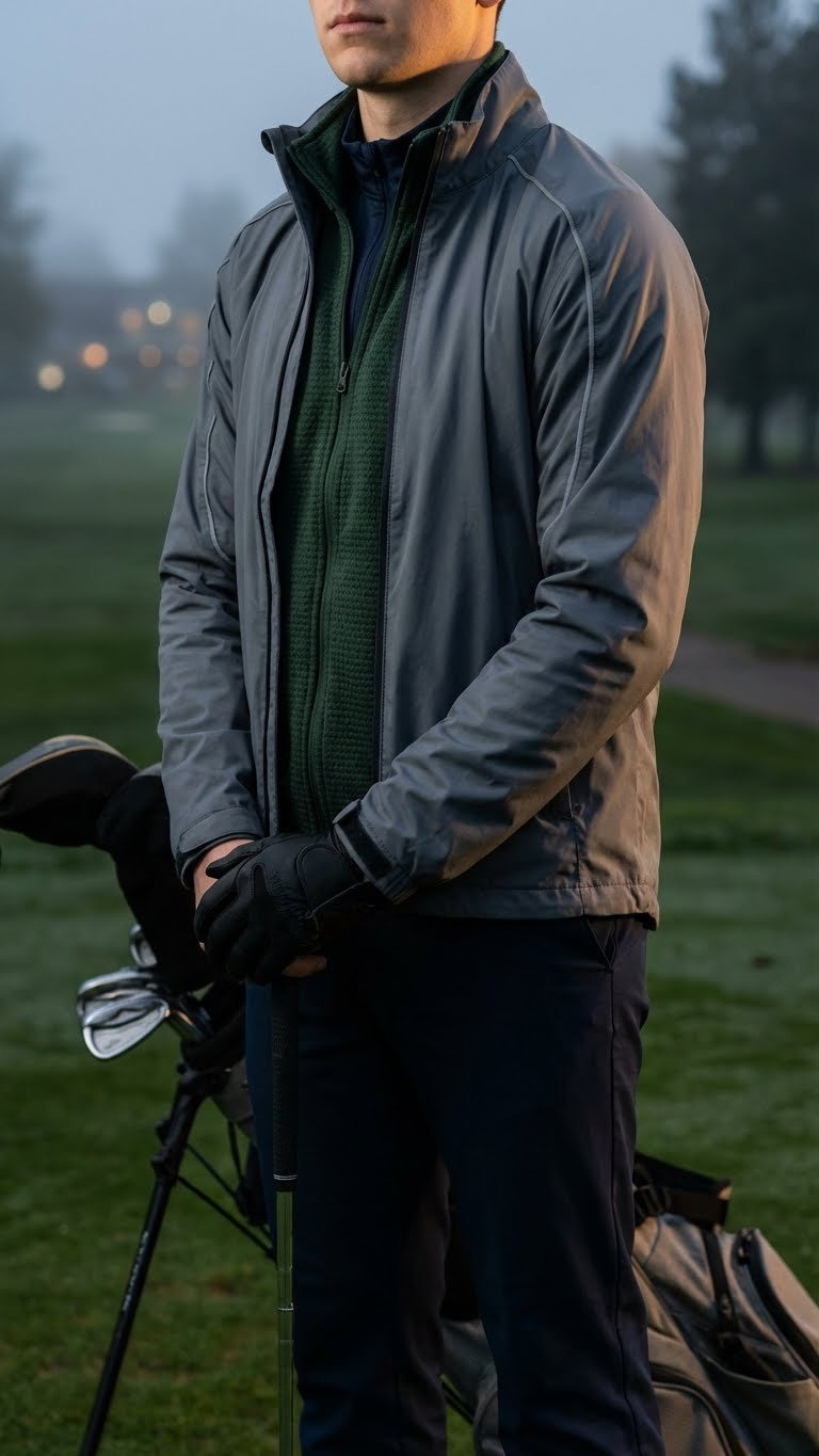 Golfer In Layered Thermal Outfit: Moisture-Wicking Base, Middle Layer, Waterproof Jacket, On Misty Cool Evening Course.