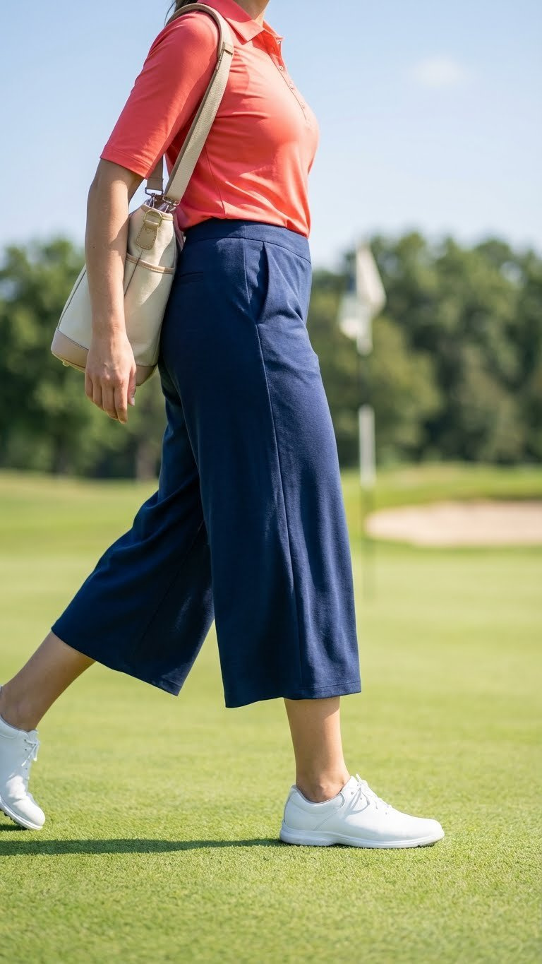 Modest Golfing Outfits For Women: 11 Chic Looks Golfer In Navy Modest Golf Culottes, Vibrant Coral Sleeved Top, Walking On Well-Manicured Golf Course Green.
