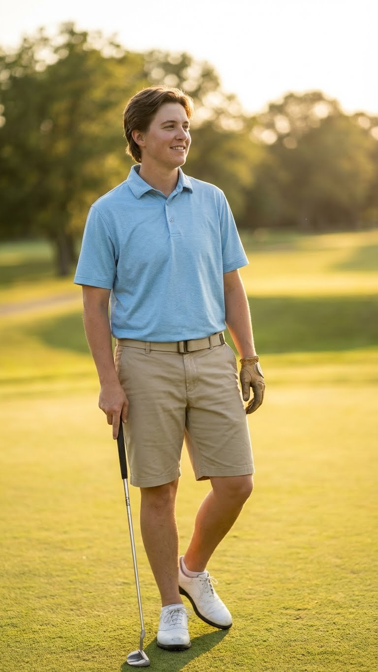 Golfer In Relaxed Preppy Outfit: Khaki Shorts, Light Blue Polo, Leather Glove, Belt On Sunny Practice Green.