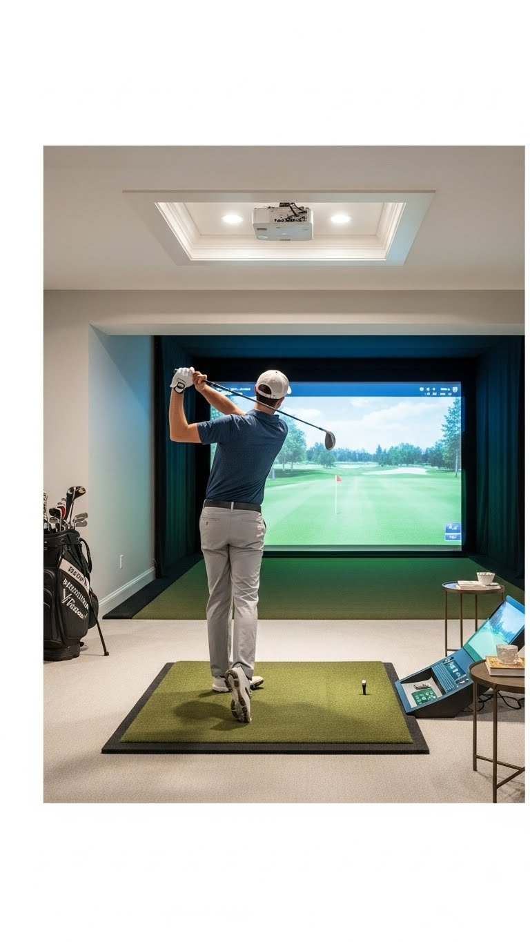 Golfer Mid-Swing In Basement Golf Simulator With Recessed Tray Ceiling Providing Extra Vertical Clearance And Recessed Lighting