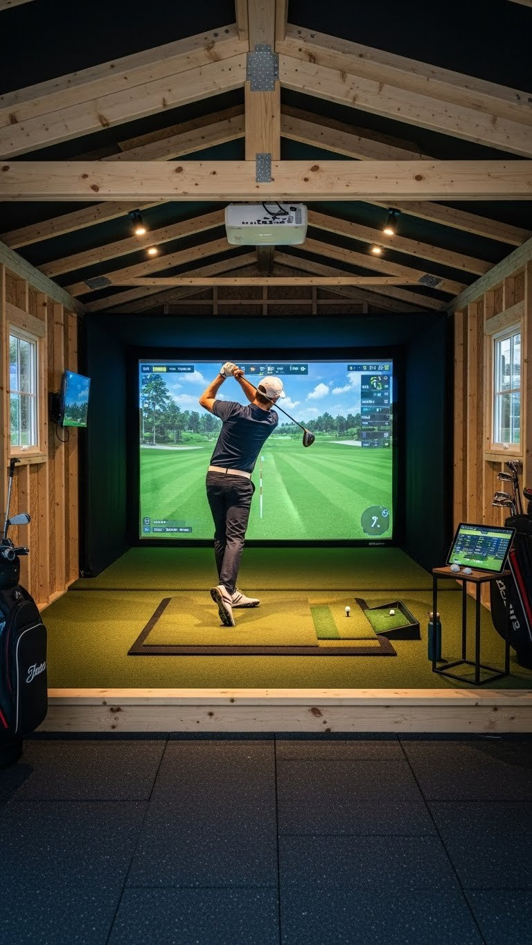 Golf Simulator Shed: Plan, Build, Design &Amp; Cost Guide Golfer Mid-Swing Inside A Finished, Well-Lit Golf Simulator Shed, Featuring A Vibrant Screen, Hitting Mat, And Launch Monitor.