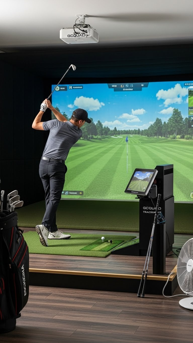 Golfer Mid-Swing Using Professional Golf Simulator With Launch Monitor And Virtual Course Display In Well-Lit Home Entertainment Room Setup.