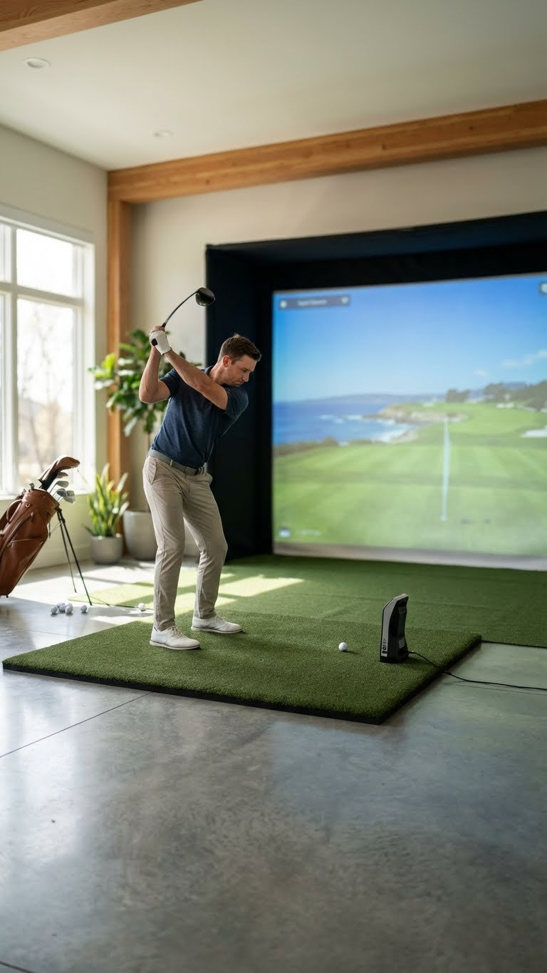 Golfer On A Premium Hitting Mat, Ready To Swing In A Golf Simulator With A Launch Monitor And Immersive Virtual Course On Screen.