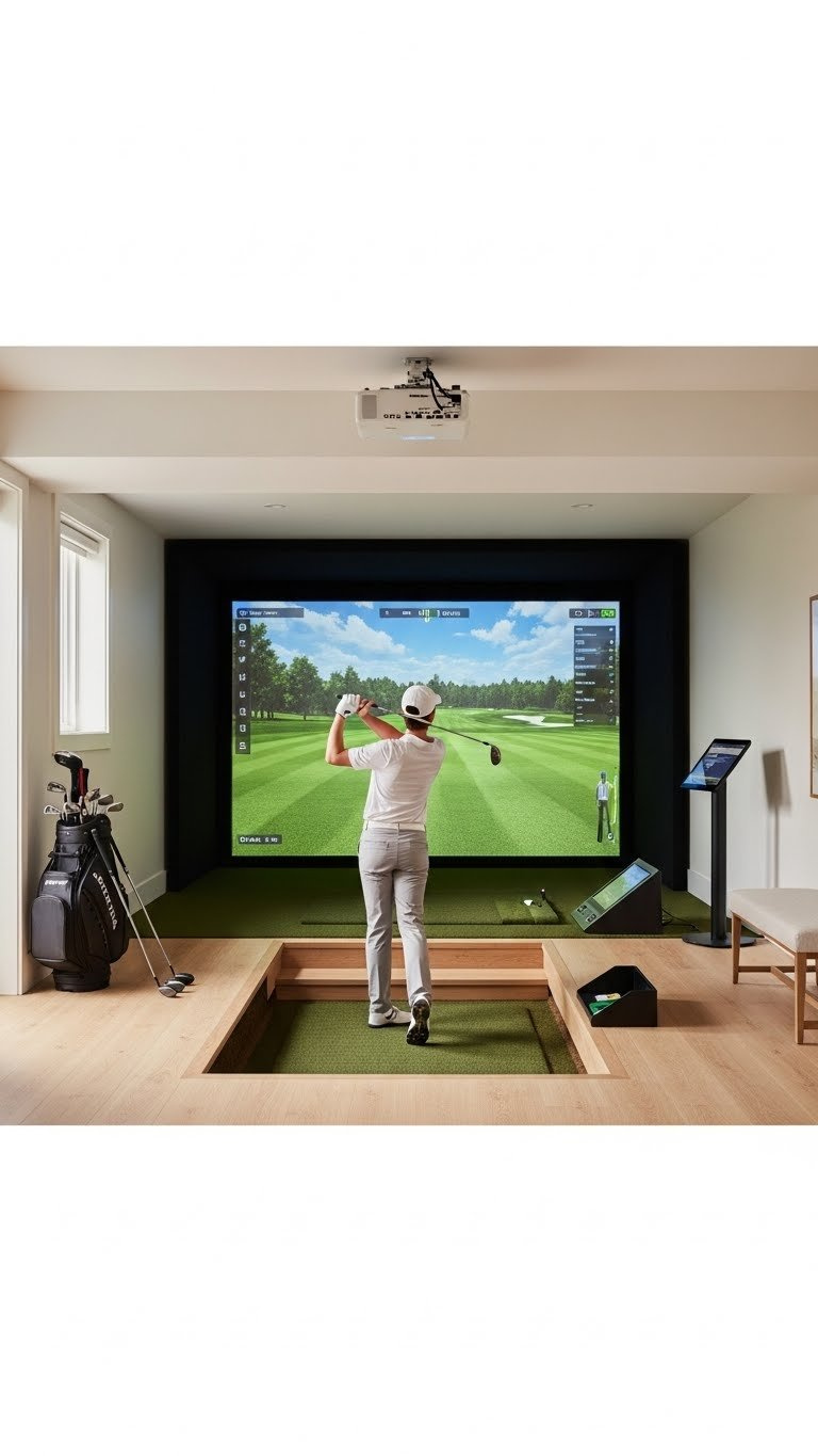 Golfer Swinging In Custom-Built Basement Hitting Pit With Wood Trim And Ample Ceiling Clearance For Low-Ceiling Golf Simulator Room