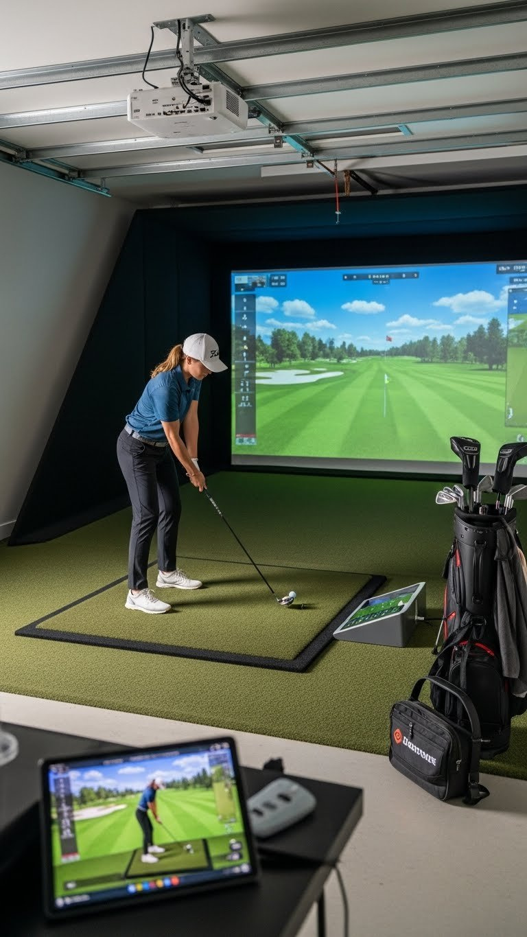 Golfer Testing Golf Simulator During Final Calibration Phase With Launch Monitor And Vibrant Virtual Course