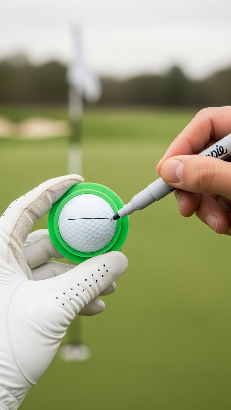 Golfer'S Hand Holding Golf Ball Stencil With Sharpie Marker Poised To Draw Alignment Line On Dimpled Surface