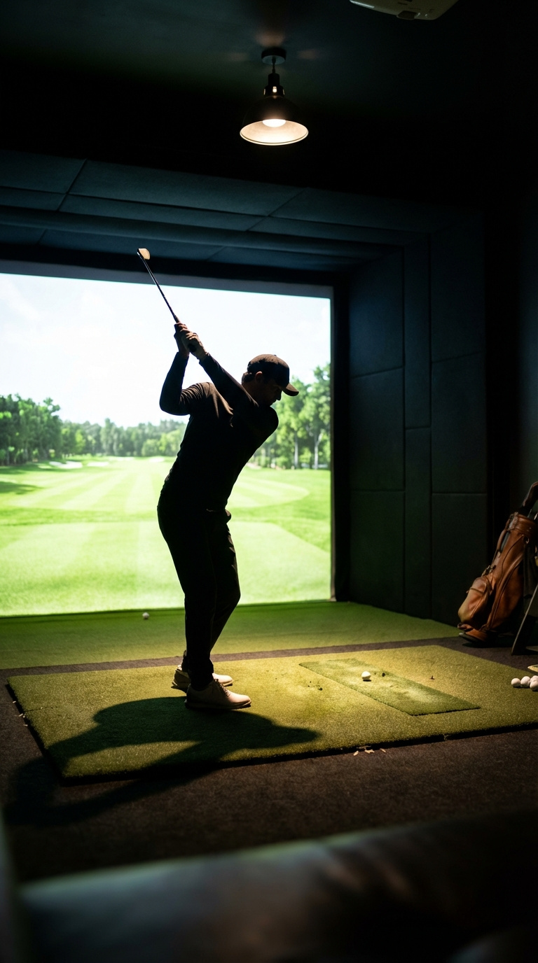 Golf Simulator Room Lighting Complete Guide For Perfect Setup Golfer'S Silhouette Illuminated From Above With No Distracting Shadows On Impact Screen
